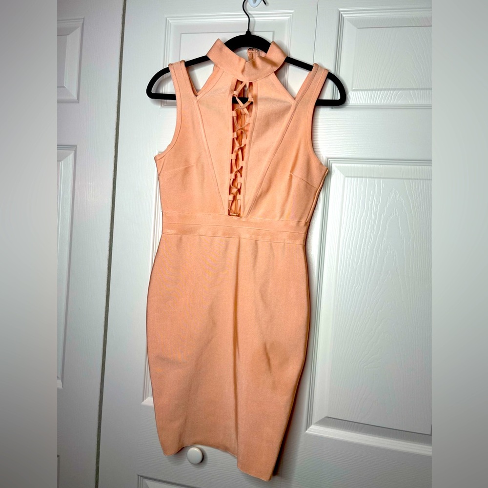 Peach body-con bandage dress